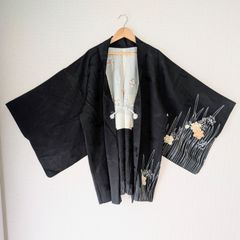 Japanese Vintage Haori Long Black Daffodil pattern Silk Kimono Jacket Old-ⅽloth 長羽織 羽織 正絹 黒 水仙柄 古布 時代布 一点物 大正浪漫 和洋折衷