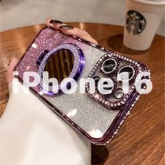 【iPhone16】韓国 パープル 紫 リング付 ミラー付 キラキラ ケース