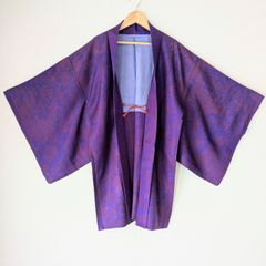Japanese Vintage Haori Long Blue Purple Pine tree pattern Silk Kimono Jacket Old-ⅽloth 長羽織 羽織 正絹 青 紫 松柄 鹿の子模様 古布 時代布 一点物 大正浪漫 和洋折衷