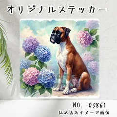 オリジナル防水ステッカー ボクサー アジサイ 梅雨 犬 わんこ ペット 水彩風 イラスト 03861