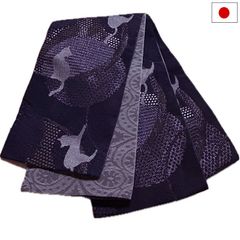 半幅帯（猫柄：ブラック系）日本製 ロング 長尺 リバーシブル 細帯 浴衣 着物 小紋 レディース 女性 和装 和服