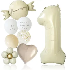 【新品】 deerzon くすみホワイト 1歳 くすみカラー 数字 バルーン 誕生日 飾り付け 10点 セット 大きい 65cm くすみ ニュアンスカラー ナンバーバルーン バースデー 0