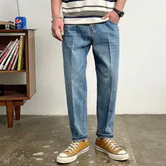 秋冬 コーデ メンズ  服 シンプル ファッション オシャレ 大人 かっこいい 大きいサイズ ストリート 紳士服  アメリカン ウォッシュ加工 ライト ブルー ジーンズ ストリート スリム ストレート レッグ パンツ