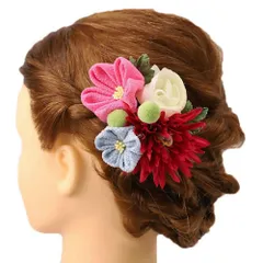 髪飾り 成人式 つまみ細工 赤 振袖 前撮り 袴 浴衣 夏祭り 花火大会 2点セット ピンク 水色 ちりめん 玉飾り 房付き 和柄 ヘア No.9-4062