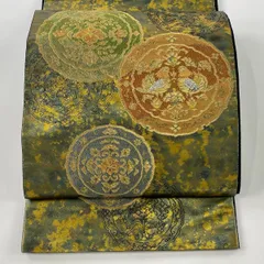 【美品】 袋帯 秀品 服部織物 落款 こはく錦 手工芸 華文 向かい鳥 金銀糸 箔 茶緑色 六通 正絹 【中古】