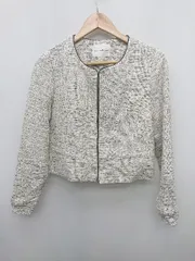 ◇ Couture brooch クチュール オシャレ ノーカラー ツイード 長袖 ジャケット サイズ38 ホワイト ブラック レディース P  【1403180012822】