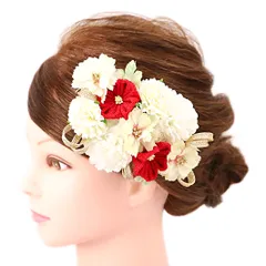 髪飾り 成人式 振袖 浴衣 卒業式 袴 結婚式 2点セット 白　赤 花 和 洋 かんざし 手作り 簪 つまみ細工 ちりめんフォーマル 花飾り 玉飾り ブライダル W 68  304-233  赤 白 o822　Si