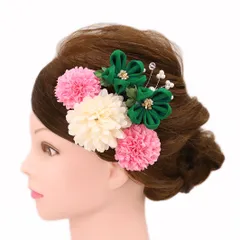 髪飾り 成人式 振袖 浴衣 卒業式 袴 結婚式 ６点セット ピンク 緑 白 パール 花 和 洋 かんざし 手作り 簪 つまみ細工 ちりめんフォーマル 花飾り 玉飾り ブライダル W36 303-235 ピンク 緑 p727　Si