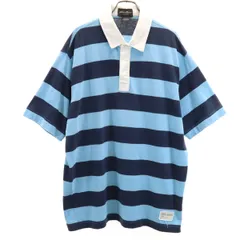 Eddie Bauer エディバウアー ボーダー柄 半袖 ポロシャツ L ブルー系 比翼 アウトドア メンズ 古着