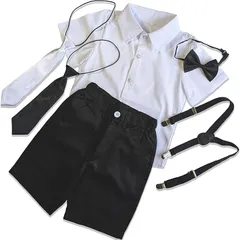 CHOOSEWAY 男の子 フォーマル 半袖 礼服 子供服 結婚式 冠婚葬祭 サスペンダー 調整可能 黒蝶ネクタイ 黒ネクタイ プレタイ ボウタイ おしゃれ着 6点セット(ホワイト,  90)