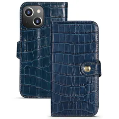 【人気商品】iPhone14 ケース 手帳型 6.1インチ対応 おしゃれ クロコ型押し カバー カード入れ 写真入れ スタンド機能 ストラップホール付き マグネットスナップボタン式 スマホケース(ネイビー)