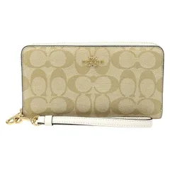 コーチ COACH ロング ジップ アラウンド ウォレット PVC / レザー C4452 長財布 ラウンドファスナー ロングウォレット ストラップ付 レディース カーキ (ベージュ) / チョーク (アイボリー) 正規品 美品 中古 mbm21013