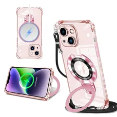 iPhone 14 用 ケース iPhone 13 用 ケース クリア MagSafe対応 リング付き ネック ショルダー アイフォン14 / 13 縄掛けケース 透明 肩掛け 斜めかけ 韓国 可愛い 縄掛け カバー 丸型スタンド付き マグネット搭載 縦横 1