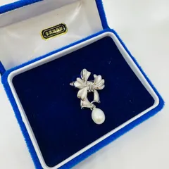 A【本真珠保証】パール ブローチ ペンダントトップ リボン 箱付き