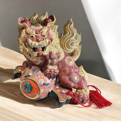 九谷焼 赤獅子 打ち出の小槌 置物 玉乗り獅子 獅子 縁起物 オブジェ 陶磁器 陶器 骨董品 アンティーク