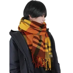 [Ｌｏｏ＆ｃ] [ルーアンドシー] 厚手 大判ルーシーストール メンズ 大きいサイズ ストール 秋冬 大判ストール マフラー チェック柄 無地 ショール ひざ掛け レディース ユニセックス (22イエローレッド, フリー)