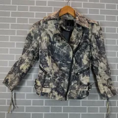 M1-01540 【Women】JESSI (ジェッシ) ライダースジャケット (Mサイズ相当) / オフホワイトグレー系 タイダイ柄 襟にシミ有 H