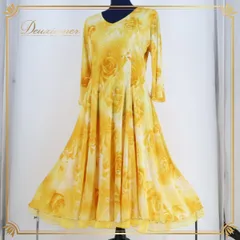 【社交ダンス衣装】イエロー ワンピース ドレス レッスン着 黄色 白 ラインストーン 花柄 レース生地 フリル 練習着 華やか ファスナー仕様 伸縮性無し おしゃれ