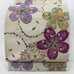 袋帯 秀品 桜 花びら 箔 金糸 クリーム 六通 正絹 【中古】
