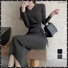 カシュクール リブニットワンピース 秋冬サイドレースアップ タイトワンピース 大人カジュアル 韓国風 ロングワンピース きれいめ ミモレ丈ワンピース 暖かい細身長袖ワンピース 着回しニットワンピ インナーワンピ無地