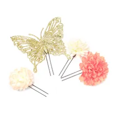 髪飾り 成人式 振袖 前撮り 袴 花 浴衣 夏祭り 花火大会 ４点セット ゴールド 白 コーラル 珊瑚色 ラメ 蝶 蝶々 浴衣 髪型 ヘ No.9-3780