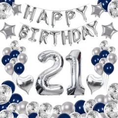 【在庫処分】組み合わせ 「HAPPY 数字バルーン BIRTHDAY」ランド ハート風船 風船セット 紙吹雪風船 ドットシール 飾り付け 装飾 パーティー 誕生日 お祝い サプライズ 21歳 シルバー＆ブラック 男の子 64枚 女の子