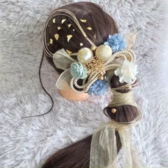 ヘッドドレス 髪飾り＊結婚式 成人式 卒業式 和装 打掛 振袖 袴~ボリューム多め リボン パール 和玉 ロープ 水引 金箔~ブルー 青 水色 17本