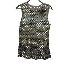 緑グリーンヴィンテージ調ニットベスト鍵編み風重ね着おしゃれかわいい