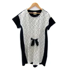 ブージュルード Bou Jeloud ワンピース ひざ丈 半袖 ラウンドネック レース 切替 無地 リボン 38 M 紺 ネイビー 白 ホワイト /SY46