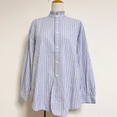 buoy buoy ブイ フリルスタンドカラー ストライプシャツ オーバーサイズ ゆったりめ ブルー FREE
