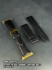 ブラック/ブラック カーボン レザー ベルト Dバックル アップルウォッチ 裏地本革レザー