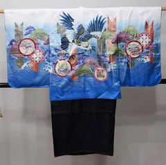 七五三 五歳 男児 羽織・着物・襦袢3点セット 豪華絢爛 白色×青 着物は黒 鷹 お仕立て無料 祝着 NO16894-1-2-B