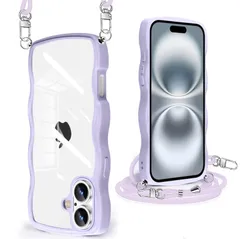 【在庫セール】iPhone 16 Plus 用 ケース クリア ショルダー ストラップ付き アイフォン 16 Plus 用 カバー かわいい 波状フレーム 人気 耐衝撃 透明 iPhone16 Plus 用 スマホケース 首かけ 肩掛け 薄型 軽量 QIワイヤ