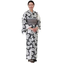 [京都きもの友禅] 浴衣 レディース セット 兵児帯 2点セット 紫 黒 ブラック パープル 菊 花柄 白地 モダン ゆかた (ブラック)のサムネイル