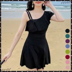 ワンショルダーワンピース水着 体型カバーレディース フリルオールインワン水着 ショートパンツ一体型 ハイウエストスイムウェア アシンメトリー Aラインワンピ水着肩出し 盛れる水着 露出控えめママ水着 無地 みずぎ韓国風