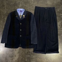 【JAPANESE VINTAGE】5点セット Santa fe サンタフェ 刺繍 コーデュロイ生地 異素材 切替 セレモニー シングルスーツ セットアップ 上下 ブルー系 Lサイズ相当 成人式 卒業式 結婚式（ユーロピンズ＆シャツ＆ネクタイ おまけ）No62