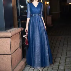 お花のデザインが可愛い 5分袖のVネックイブニングドレス