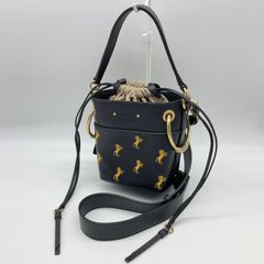 ●Chloe クロエ  Roy ロイ レザー ミニバケットバッグ ハンドバッグ ショルダーバッグ 2way 巾着 リトルホース刺繍 馬 黒 ブラック ゴールド金具 レディース 【中古】Aランク　2_218