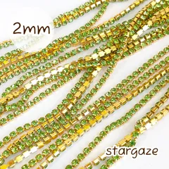 【 1m 】 約2㎜ ラインストーンチェーン 連爪 ライトグリーン×ゴールド台座