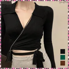 送料無料 カシュクールニット 着やせトップス 韓国 レディース Vネック ショート丈ニットトップス 胸元セクシー 長袖ニットソー ハイウエスト 襟付き タイトニット 春秋冬 ニット カットソー へそ出しトップス紐 大人きれいめニット