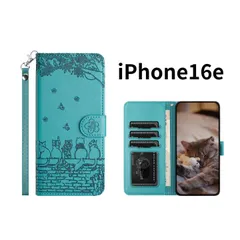 iPhone16e ケース 手帳型 猫柄 ターコイズブルー