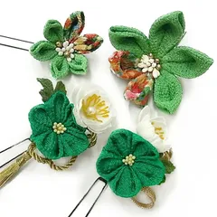 髪飾り 成人式 つまみ細工 緑 ゴールド 振袖 前撮り 袴 花 白 黄緑 ちりめん 房 組紐 和柄 大きい 小さい 4点セット 着物 和装 No.9-4068