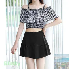 【美品・未使用新品】水着 オフショルダーチェック柄水着韓国風