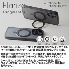 【訳アリ B級品 特別価格】iPhone 16 / 16 Pro 用　360度回転 MagSafeリング スタンド フィンガーリング 機能をもったハイブリッドケース Etanze