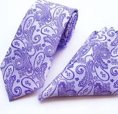紫色と白のペイズリー柄　2点セット　結婚式　発表会　ビジネス　イベント　パーティー　成人式　卒業式　卒園式　入社式　入学式　父の日　七五三祝い　メンズネクタイ　ポケットチーフ　ワイシャツ　スーツ　格安　小物　シルバー色　銀色