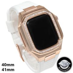 モアサナイト アップルウォッチケース 40mm/41mm シリーズ4/5/67/8/9 モアサナイトベゼル ラバーバンド カスタムバックル ゴールド ステンレススチール ラグジュアリー プレゼント メンズ