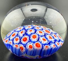 ミルフィオリ技法 ペーパーウェイト475g コバルト＆赤花文 アンティーク バカラ風 H052