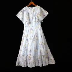 トッコ TOCCO ワンピース 花柄 フラワー エンブロイダリー ロング フレア ラッフル フリル 半袖 M ライトブルー 白 ホワイト 紫 マルチカラー