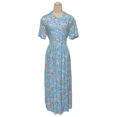 3556 ライトブルー フラワー パターン カラー 半袖ワンピース