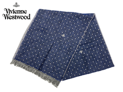 ヨーロッパ直輸入100%本物保証ペルレイ ヴィヴィアン ウエストウッド Vivienne Westwood 81030055 10637 K201 BLUE 少し難有り ネイビーブルー系地 グレー系 ドット柄 X ORB柄 薄手 マフラー ストール ビビアン